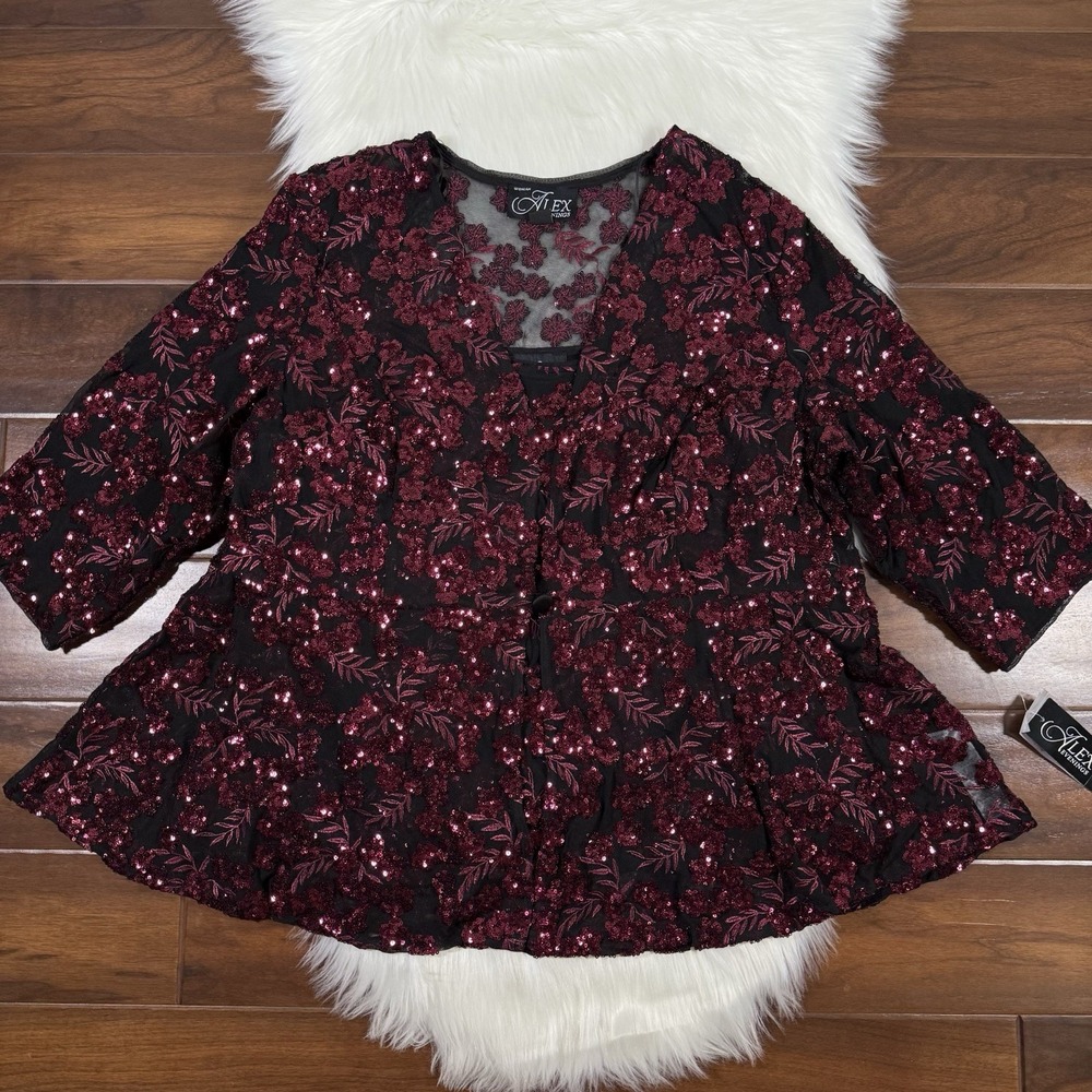 Alex Evenings Women's Size 1X Black Wine Sequin 2 Piece Jacket Blazer & Tank Set